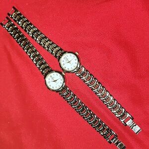 2 MCM or MOM Ladies Watches Silver & Gold‎ Metal Bands White Faces Twin Watch